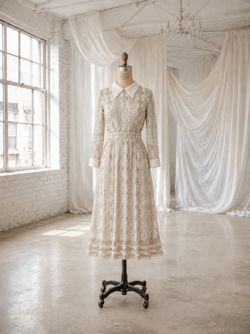 Vintage 1960s / 1970s Dagger Collar Metallic Gold Threaded Bridal Dress S